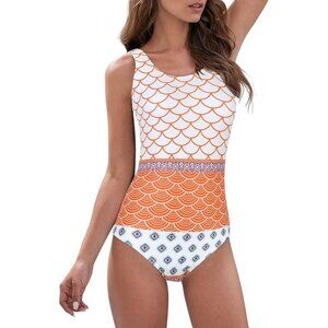 Women's Orange Scales Modest Back Bathing Suit Quick Dry Full Coverage Swim Suit